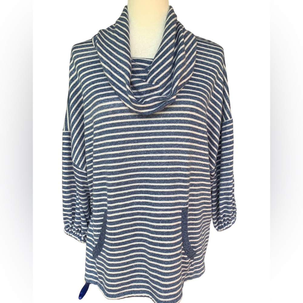 Ellen Tracy Striped Cowl Neck Top-Kangaroo Pouch-Blue/White-Size M-Women’s-Comfy